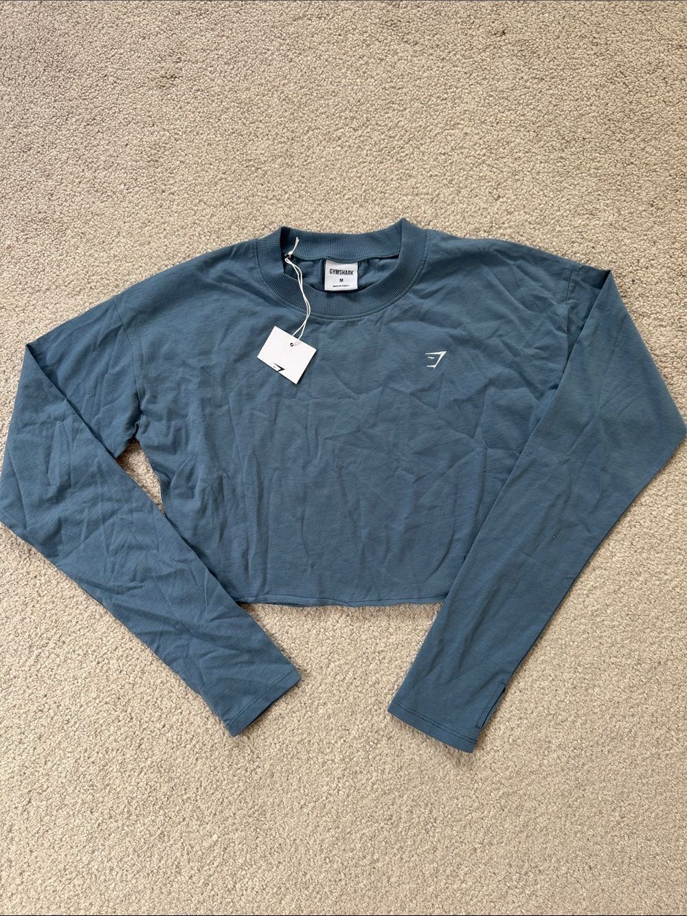 Gymshark Lifting Long Sleeve Crop 100% Cotton Shirt Blue SzM NWT